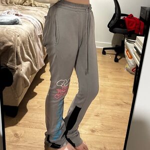 Fashion Nova Gray Track Joggers with Pink & Blue Graphics